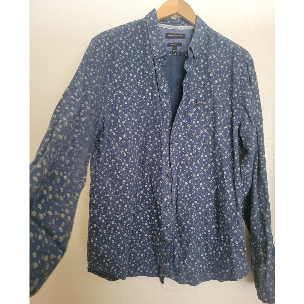 Banana Republic Blue Floral Long Sleeve Shirt Camden Fit Linen Size L FLORAL